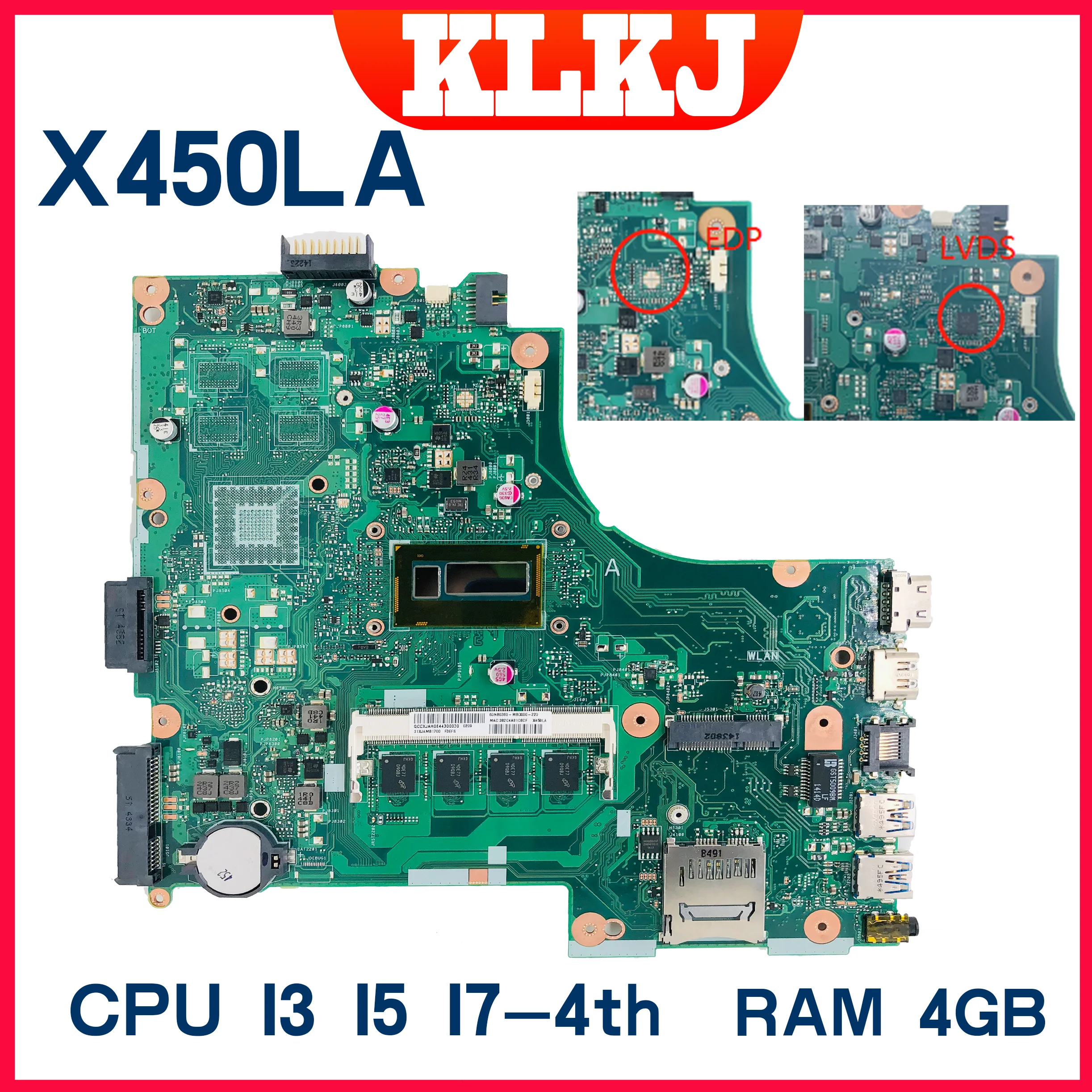 X450LA Motherboard Laptop UNTUK ASUS X450LC X450LD X450LB X450L Notebook Mainboard 4GB-RAM I3-4010 I5-4200 I7-4500U EDP/LVDS GM