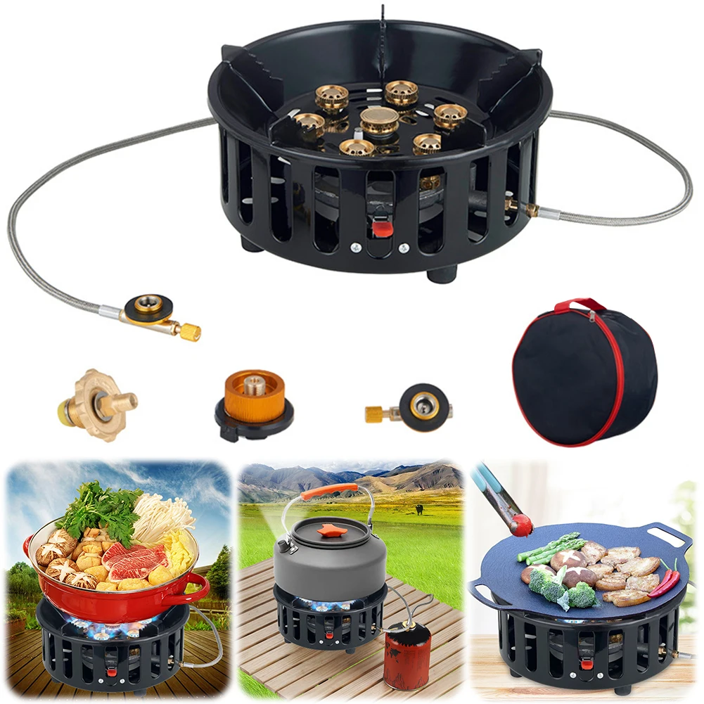 21000W Electronic Ignition Gas Stove with Adapter Strong Fire Stove Metal Barbecue Burner Cookware for Outdoor Camping Tourist