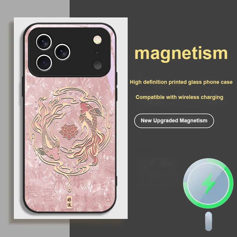 

For iPhone 17 Pro MAX AIR Magnetic Glass Phone Case with Koi Playing Lotus Pattern Design