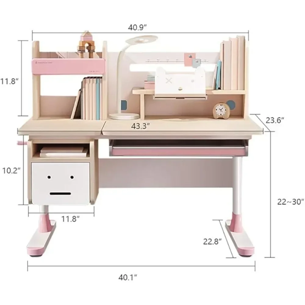 Kids Desk and Chair Set, Wood Adjustable with Bookshelf, Tiltable Desktop, Tablet Holder and Drawers for Writing, Reading