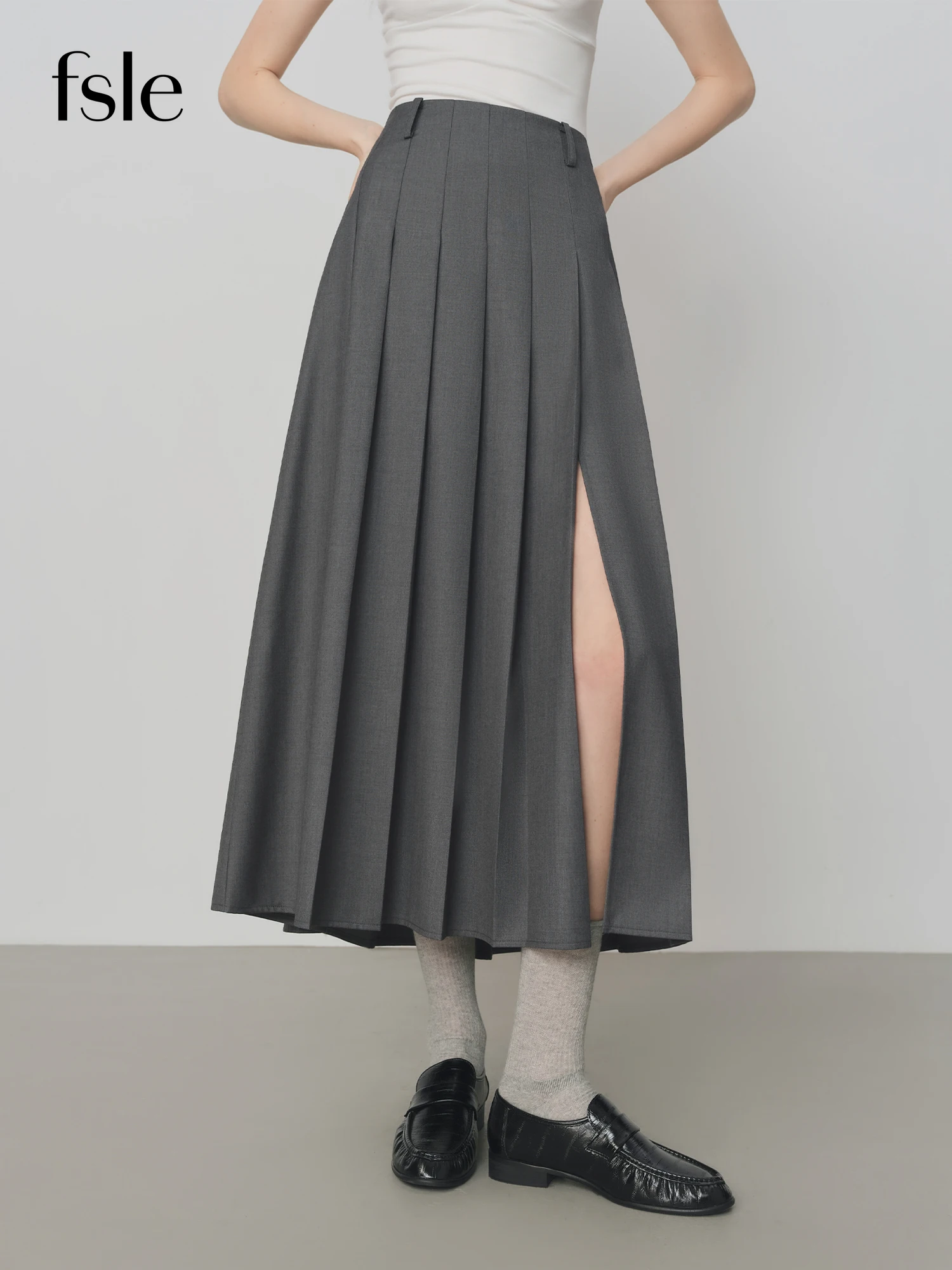 FANSILANEN Gray Pleated Skirt Women A-Line 2025