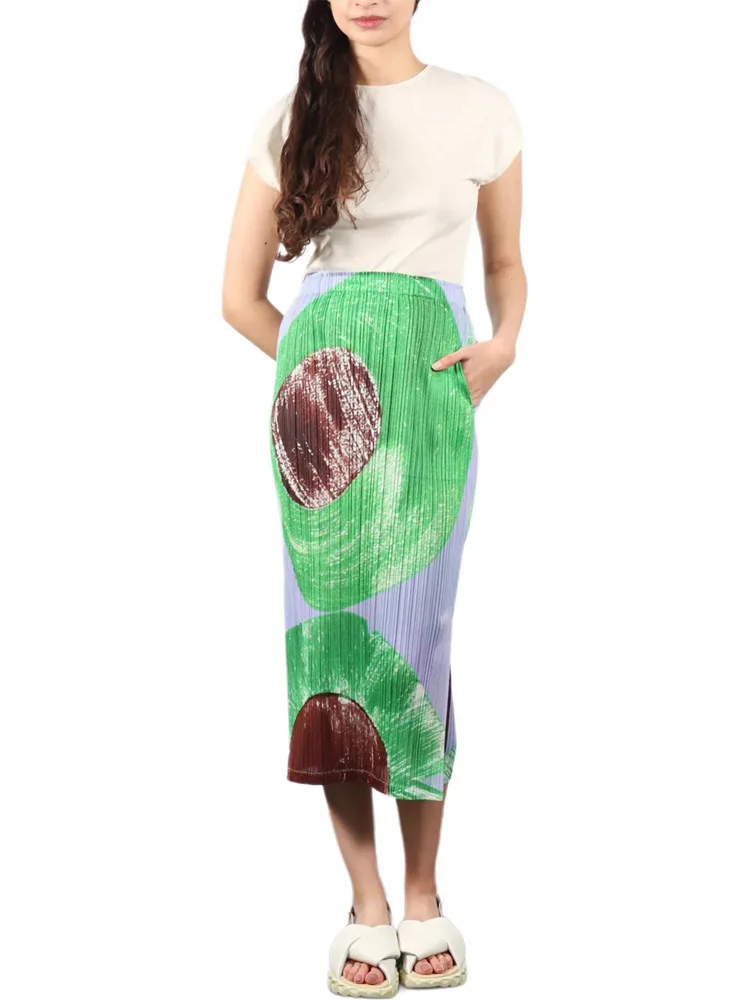 ISSEY 2026 New Arrival Women's Tailored Fit Slimming Print Split Mid-Length Pleated Skirt