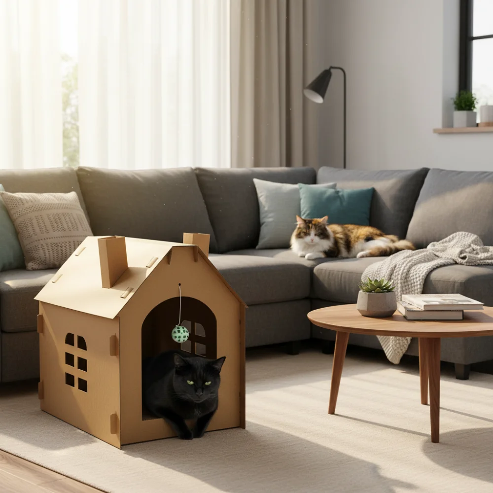 Waneka Casa de Carton para Gatos Refugio Rascador para Gato Desmontable Modelo Refugio de Cartón