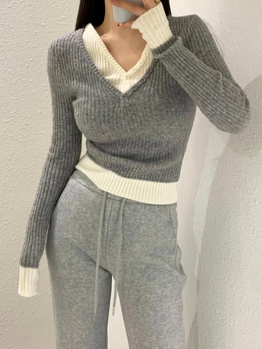 

Alien Kitty офисные женские свитера, нежные женские вязаные свитера с v-образным вырезом, милые 2025, тонкие новые осенние пуловеры с длинными рукавами, искусственные двухсекционные OL