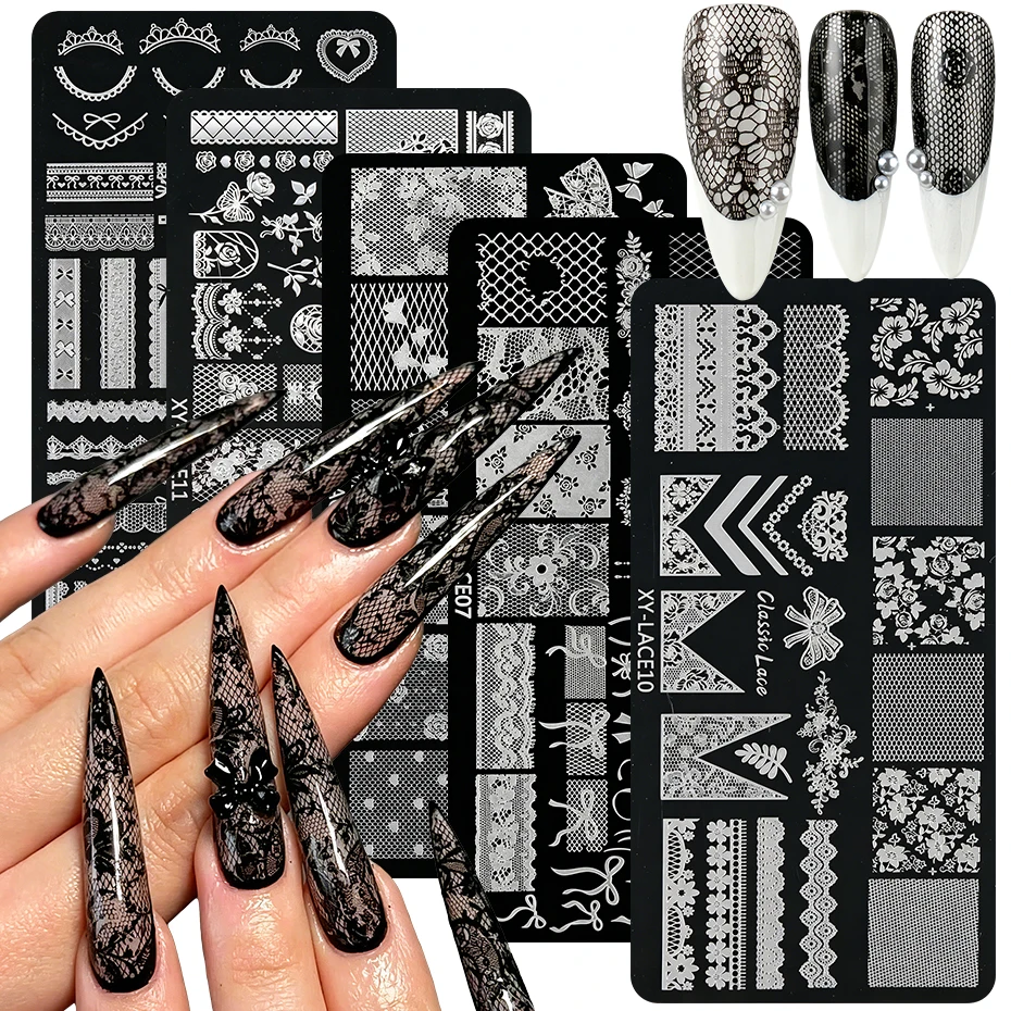 Spitzen-Nagelstempelplatte aus Edelstahl, Nagelkunst-Schablone mit Schleifen-, Blumen-, French-Tip- und Herz-Motiven, Nagelstempel-Druckschablone, Maniküre-Werkzeug