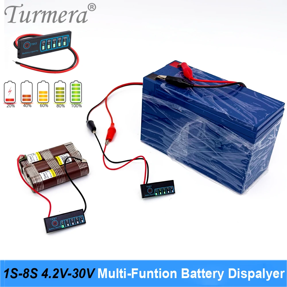 Turmera 2S-8S 5V-30V Smart Multi-funtion Battery Capacity Displayer for 12V 24V Lithium Battery Lifepo4 Battery Lead-Acid Use