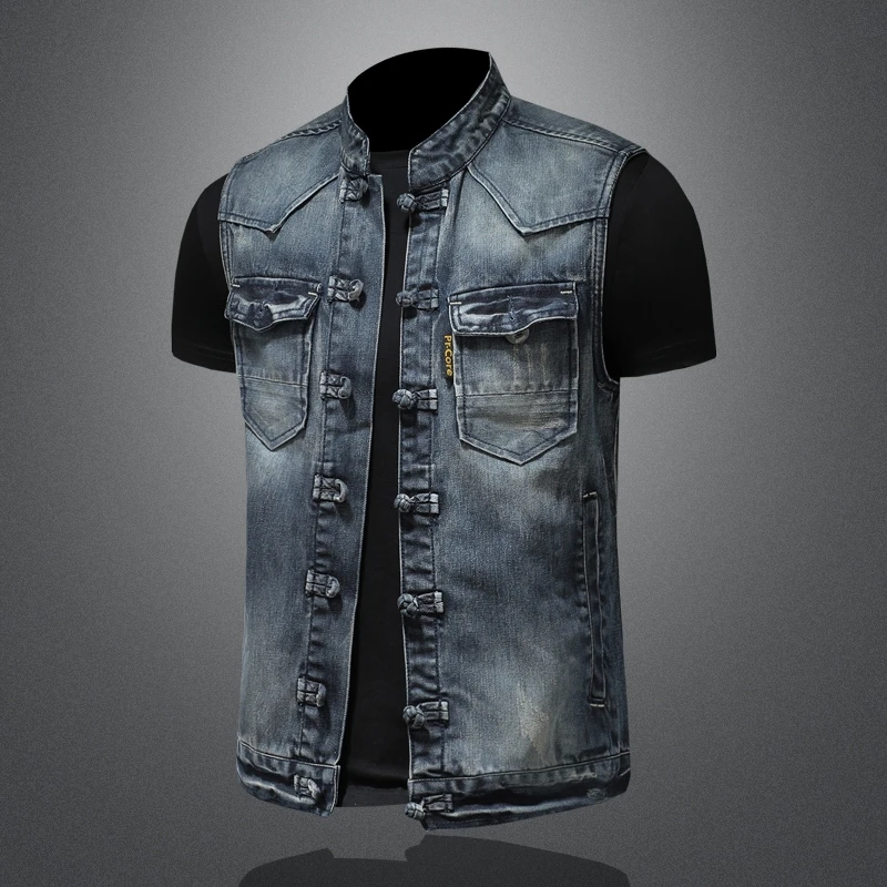 

2024 High Quality Fashion Handsome Trend Solid Color Boutique Everything Casual Style Disc Buckle Denim Vest Vest Mens Vest