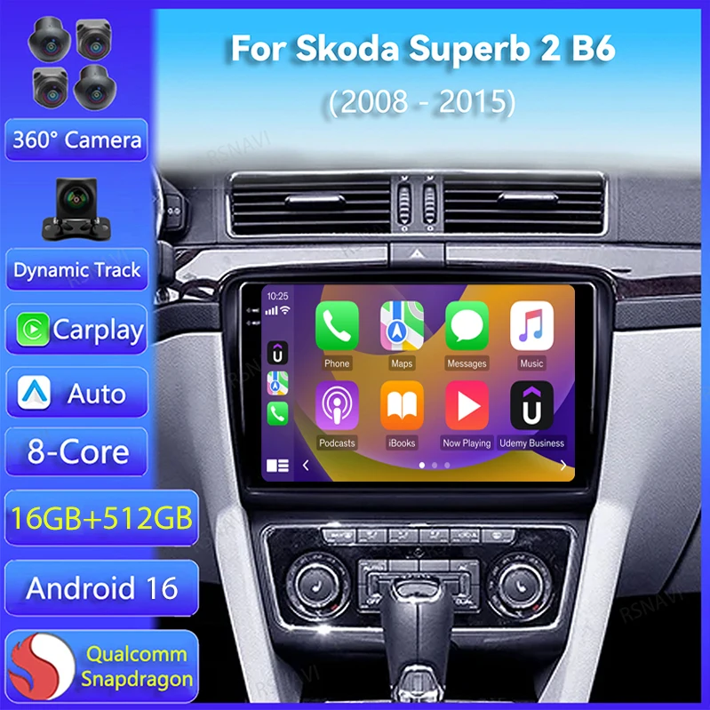 Android 16 Carplay For Skoda Superb 2 B6 2008 2009 2010 2011 2012 2013 2014 2015 Multimedia Car Radio Player WIFI+4G DSP Stereo