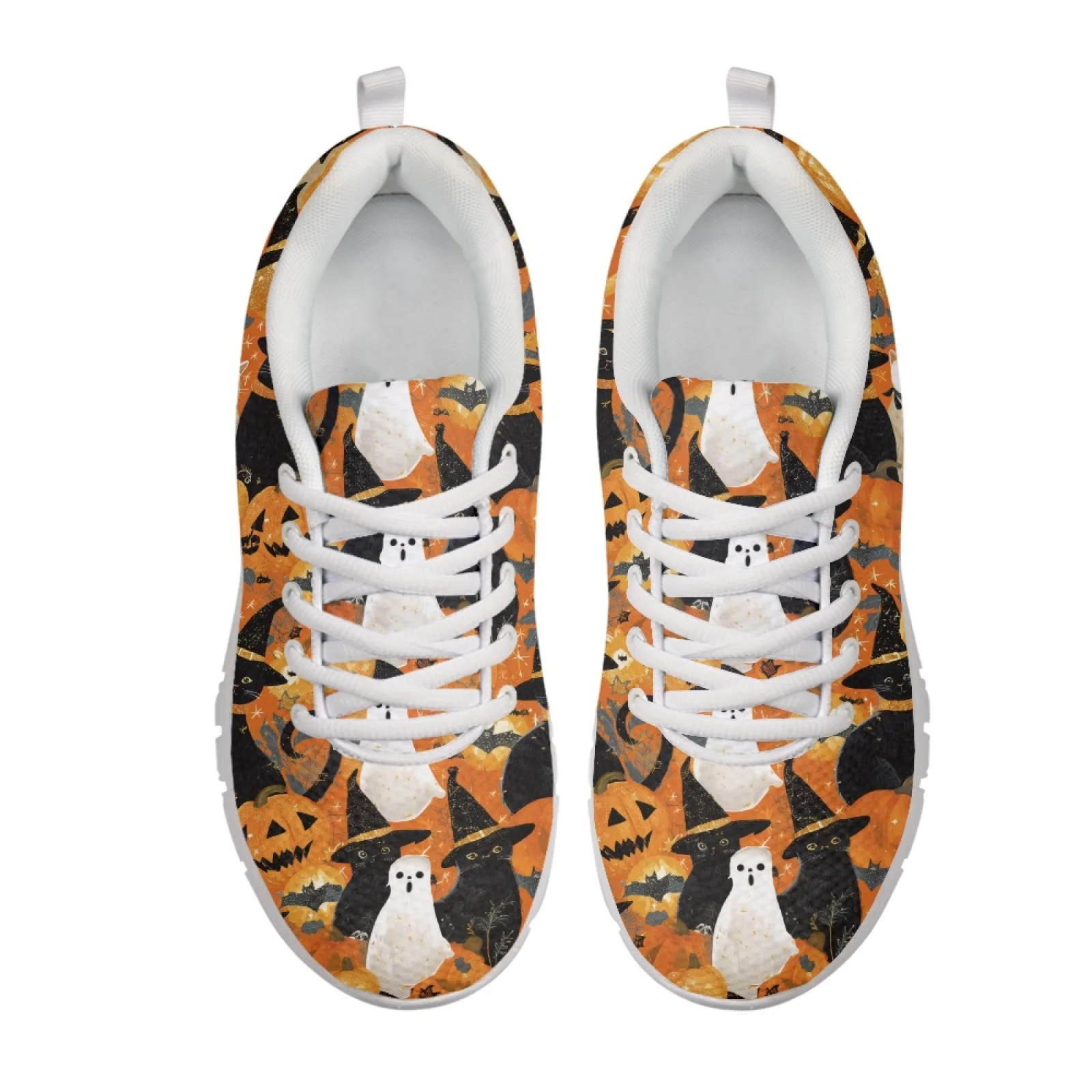 Coloranimal Halloween Pumpkin Ghost Print Low Top Running Tennis Shoes for Women Mesh EVA Sole Womens Athletic Walking Sneakers