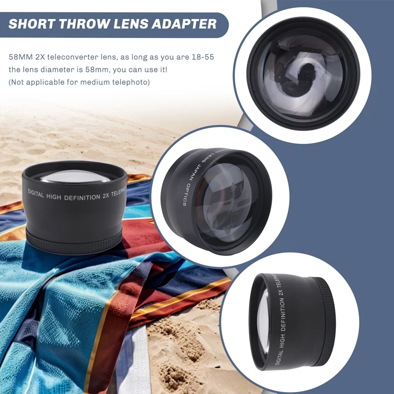 58 มม. 2X เลนส์เทเลโฟโต้ Tele Converter สําหรับ Canon Nikon Sony Pentax 18-55 มม