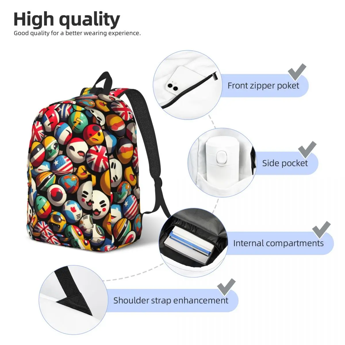 Countryball-mochila informal para hombre y mujer, bolso de hombro para ordenador portátil, regalo para estudiantes de negocios