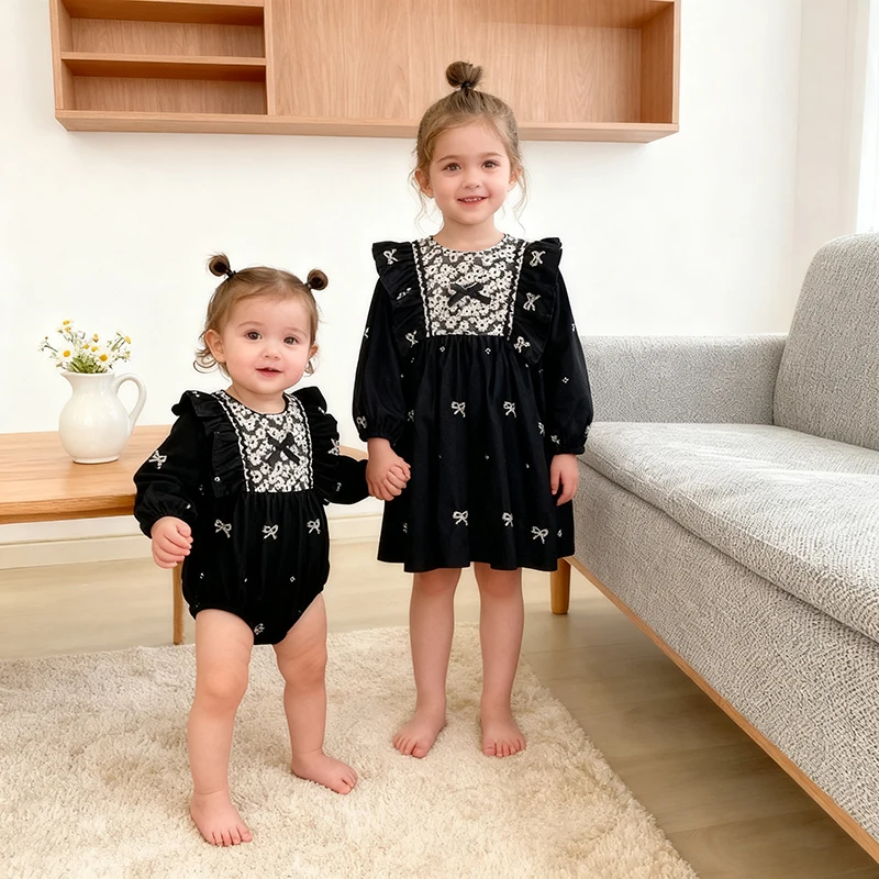 Frühling Herbst Baby Mädchen Kleidung Schwester Kleidung Prinzessin Kleid Schmetterling Kragen Baby Mädchen Schwestern Kleidung Oder Stickerei Kleid