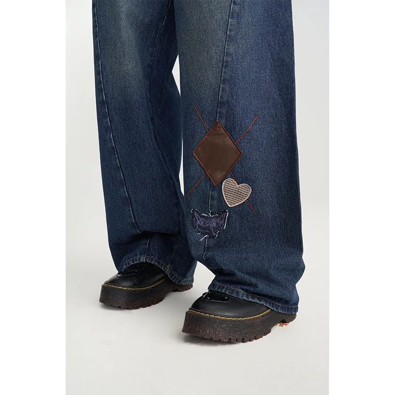 ELFSACK Women Y2K Wide‑Leg Baggy Jeans, High Waist Denim Pants with Patch Embroidery for Fall Daily Outfit