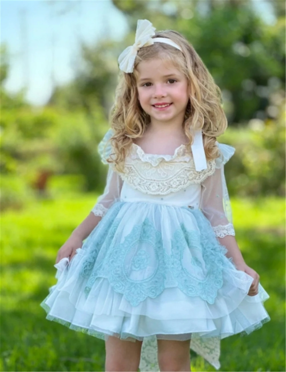 Lovely Summer Blue Flower Girls Dress Vintage Lolita Princess Ball Gown for Kids Birthday Gift Communion Wedding Dresses