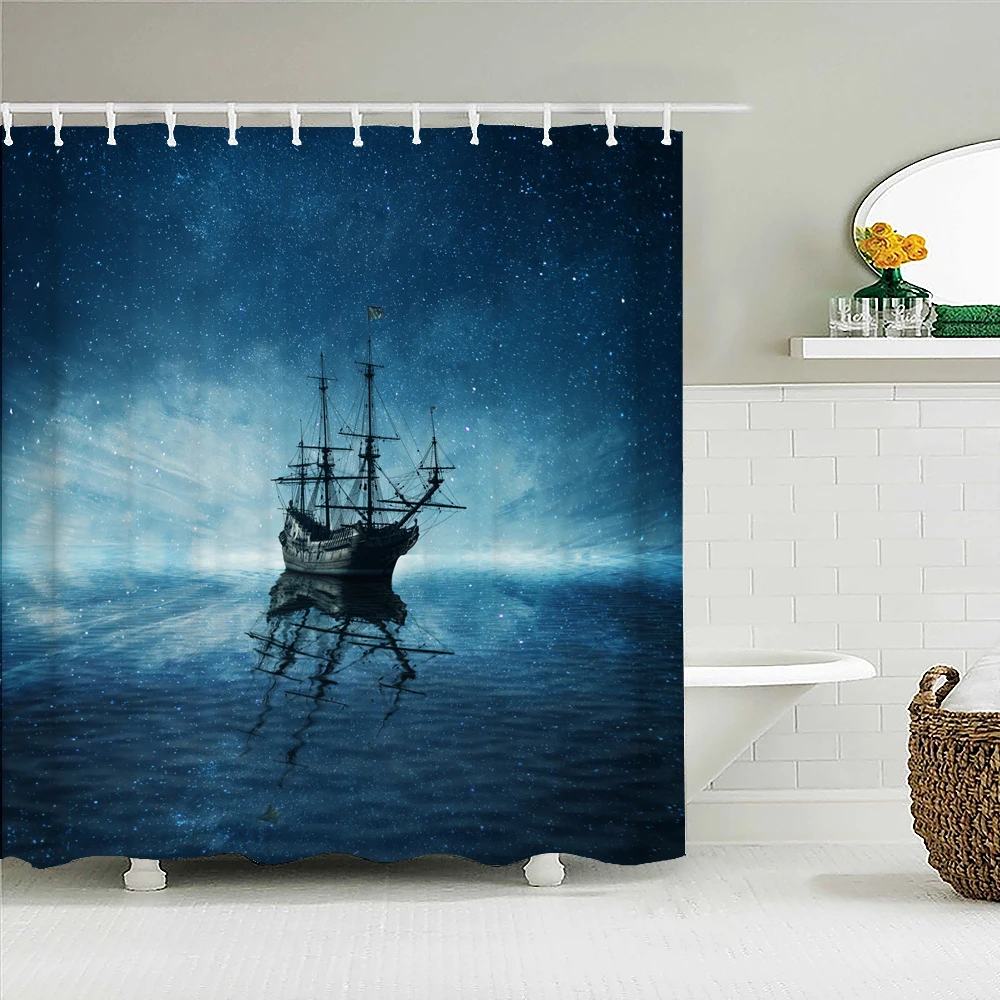 Night View Starry sky Earth Moon 3D Printing Shower Curtain with Hooks Waterproof Fabric Home Bathroom Curtains 180x180CM