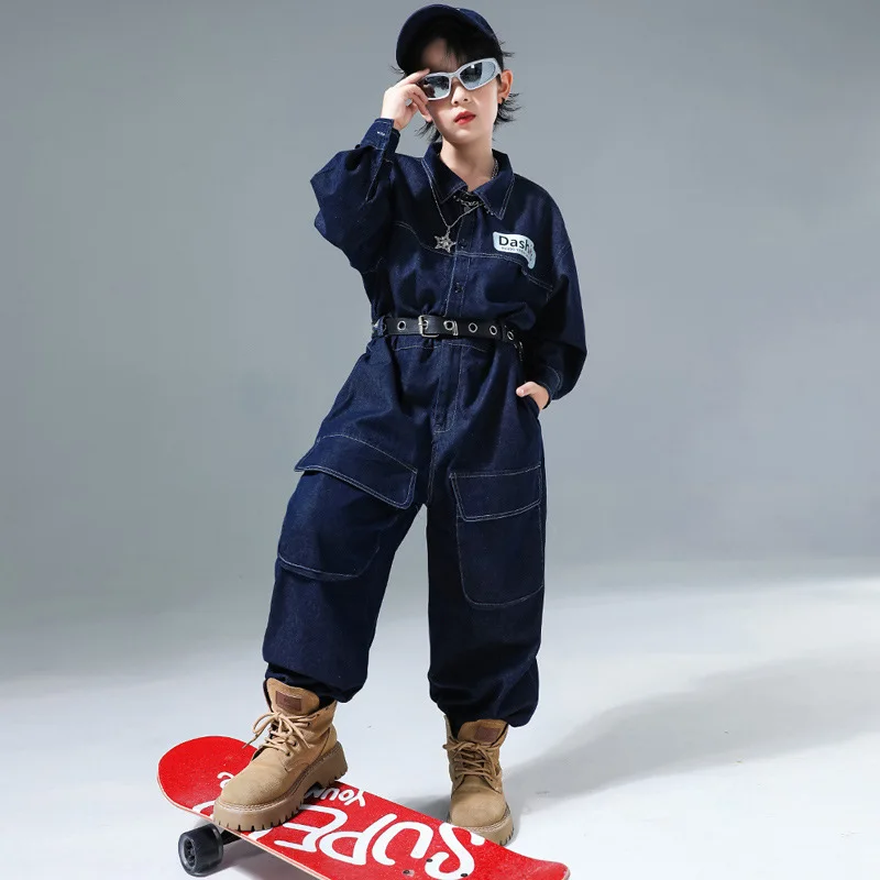 Kids Hip Hop Street Dance Denim Overalls Rompers Boys Bodysuit Girls Cargo Jeans Pants Jumpsuits Children Streetwear Dungarees