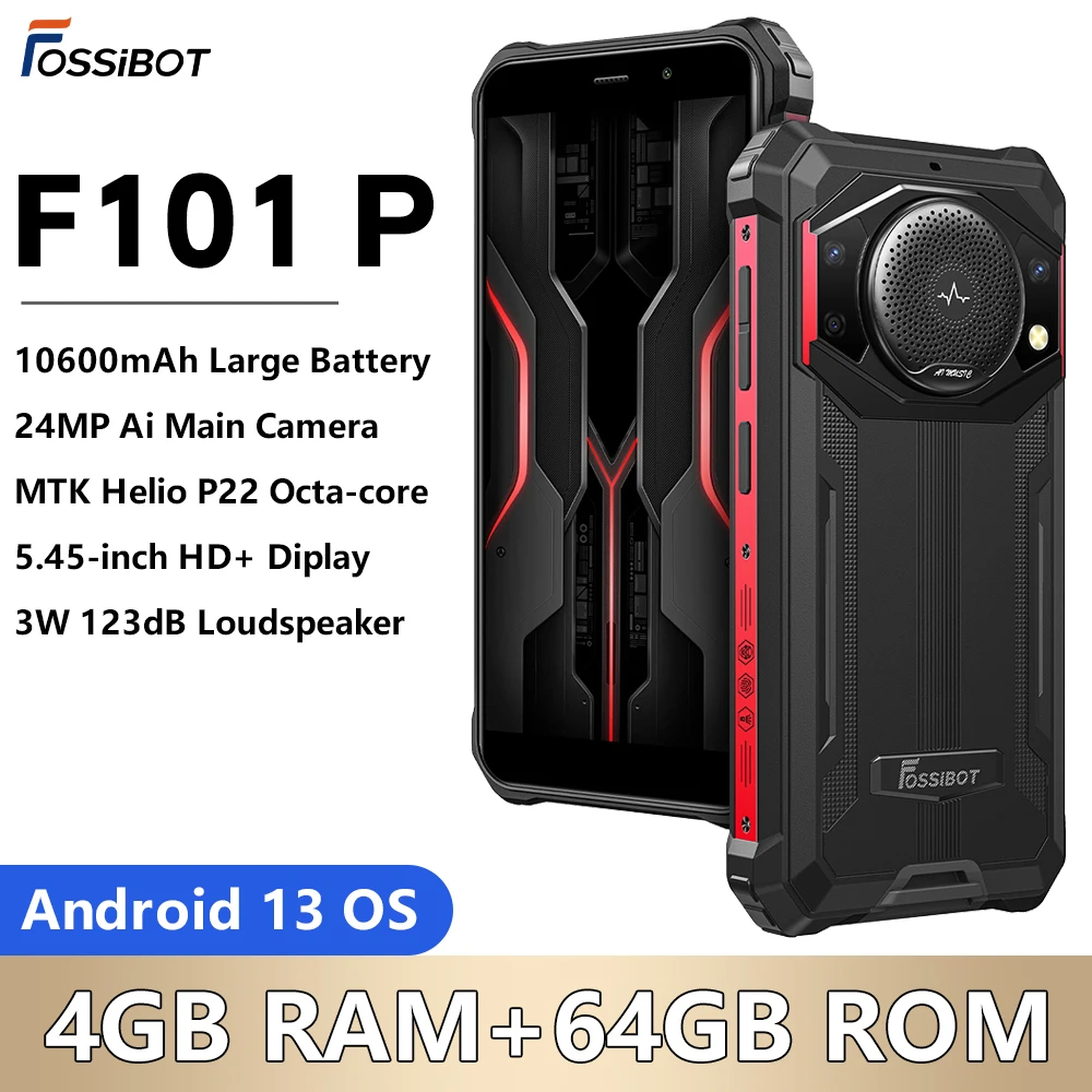 

Fossibot F101 P Rugged Smartphone 4G 5.45-inch 10600mAh Battery 18W 4GB RAM+64GB ROM 24MP Camera 123dB Loudspeaker Android 13