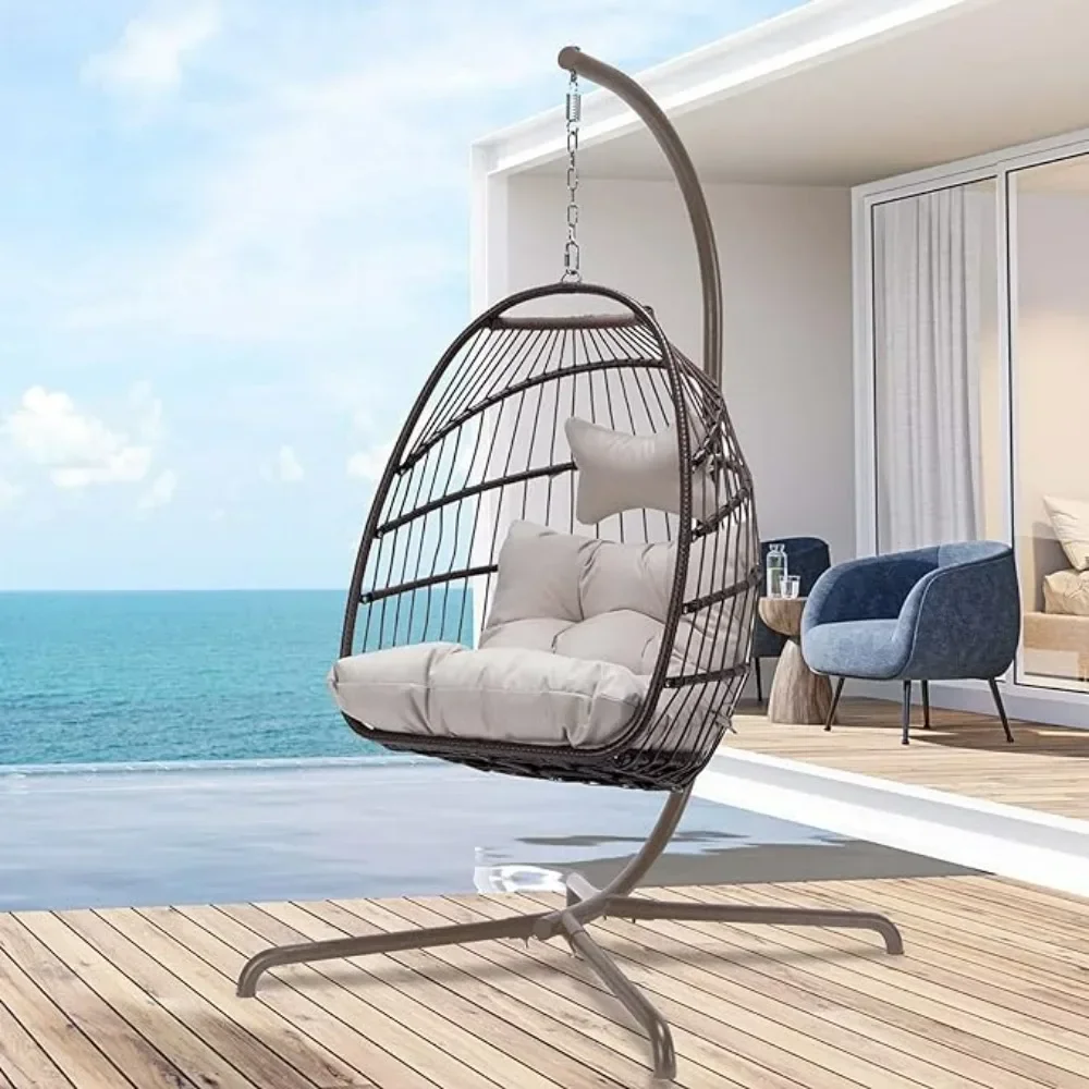 Swing Egg Chair with UV Resistant Cushions 350lbs Capacity, Stand Indoor Outdoor Wicker Rattan Patio Basket Hanging Chair