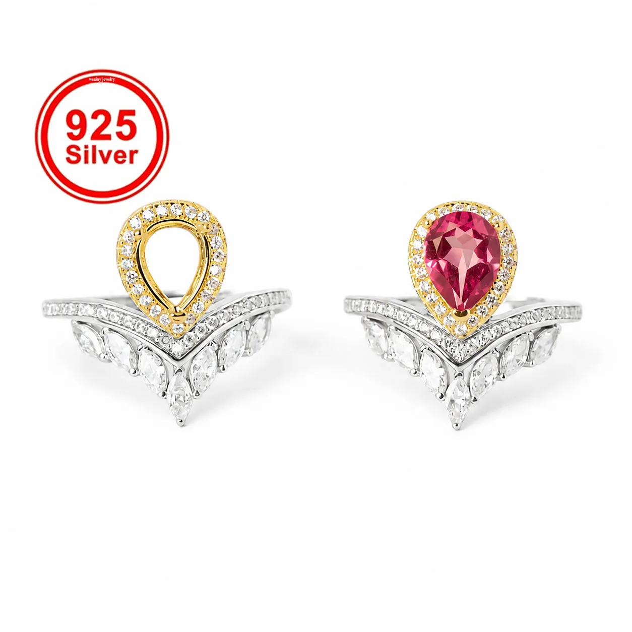 6×8mm Pear Cut Two-Tone Ring Setting, S925 Sterling Silver Luxury Ring Blank for Faceted Gemstone, DIY Jewelry Making Findings