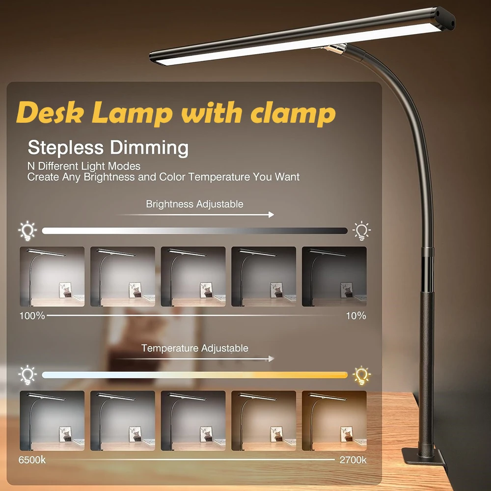 Eye-care LED Desk Lamp with Space-Saving Clamp Adjustable Flexible Goose-Neck Flicker-Free Lighting for Home Office Study