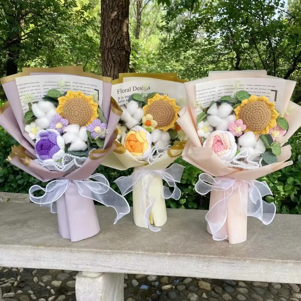 Artificial rose sunflowers Tulip carnations Finished Knitted Crochet Bouquets Gifts For Valentine Mothers Birthday Graduation