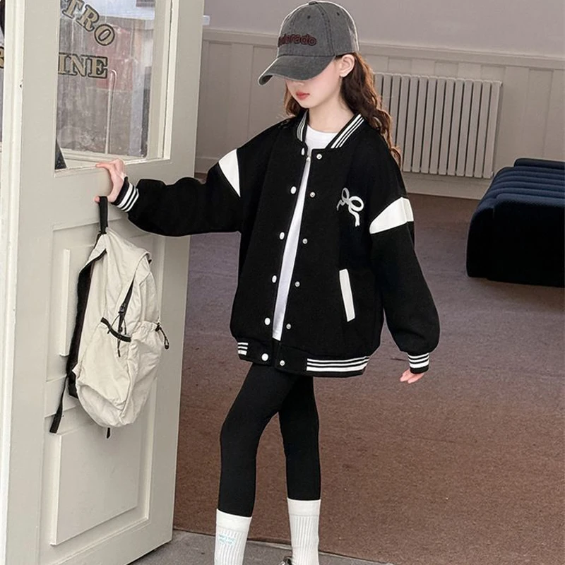 Teen Girls Casual Jacket Spring Autumn New Bowkont Letter Print Single-Breasted Baseball Coat For 5-14Y Kids Sport Outerwear - view 6