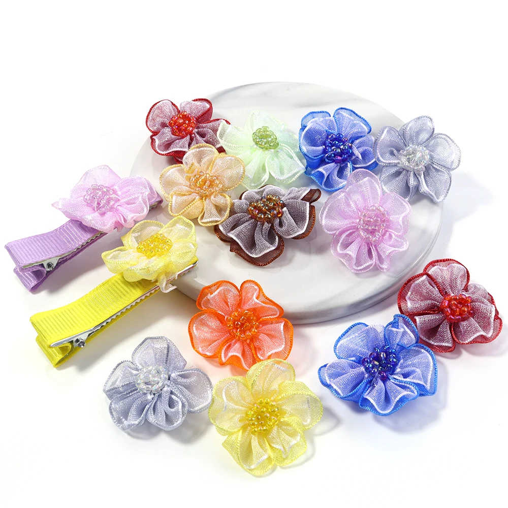 10Pcs/Lot Mesh Flower Applique For DIY Clothes Hat Shoes Crafts Sewing Supplies Patches Headwear Hair Clips Decor Accessories