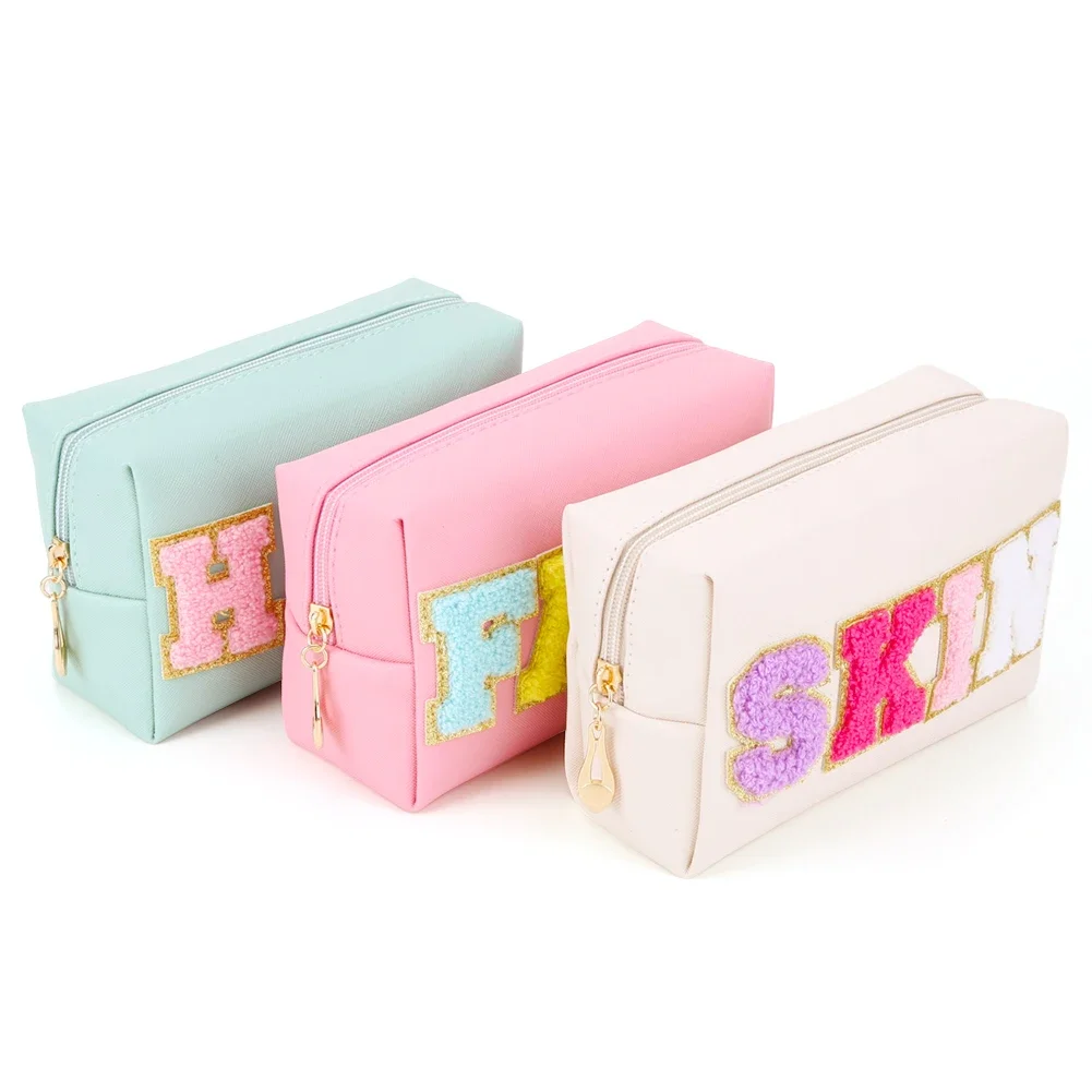 

3PCS Preppy Patch Makeup Bag with Patches Chenille Letter Face Hair Skin Bag Zipper Closure PU Leather for Travel Accessories