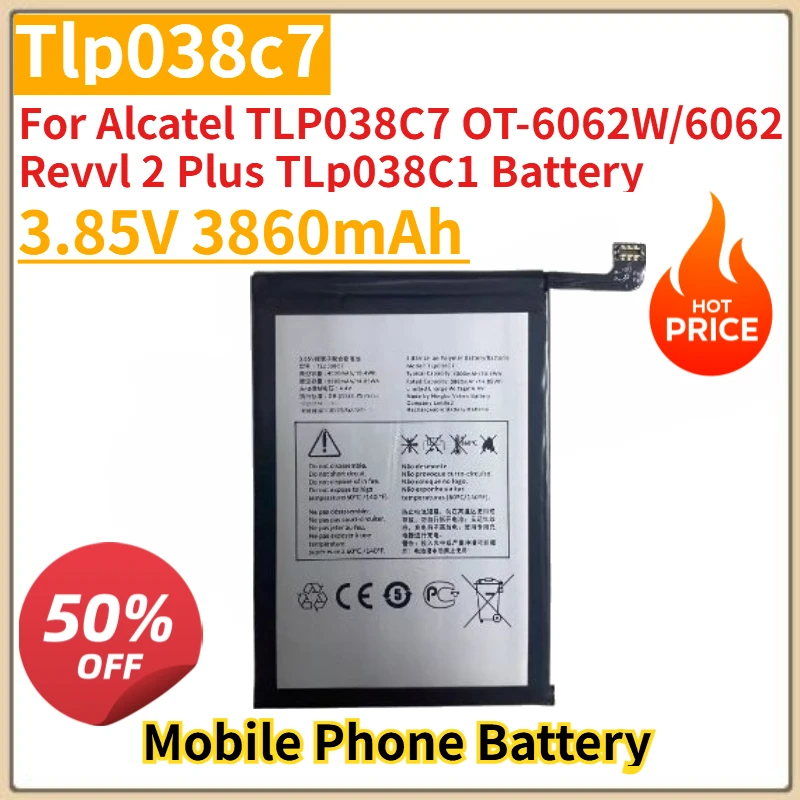 New 3.85V 3860mAh Mobile Phone Battery tlp038c7 for Alcatel TLP038C7 OT-6062W/6062 Revvl 2 Plus TLp038C1 Battery