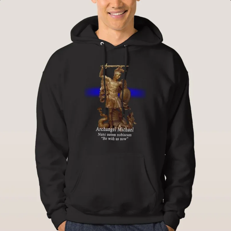 The Archangel St Michael Blue Line man's Protection Prayer Pullover Hoodie 100% Cotton Casual Mens Sweatshirt Streetwear