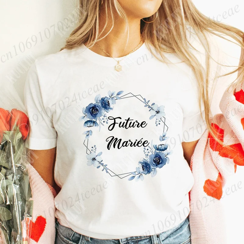 French Team Bride Tshirt Wedding Bachelorette Hen Party T-Shirt Flower Crown Clothing Bridesmaid Tees EVJF Future Bride Tops