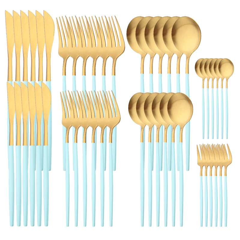 

48Pcs Matte Mint Green Gold Tableware Stainless Steel Dinnerware Cutlery Set Knife Spoon Fork Silverware Kitchen Flatware Set