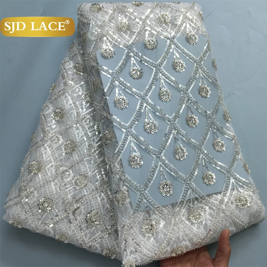 

SJD LACE African Mesh Lace Fabrics with Beads 2025 Latest French Tulle Lace Fabric Sewing Embroidery Wedding Material Dress 4176