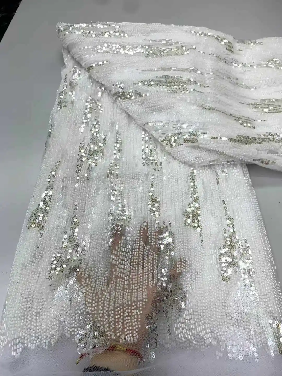 

New African Heavy Beaded Lace Fabric 2025 High Quality Nigerian Sequins Lace French Tulle Fabric For Wedding Party Dress Sewing
