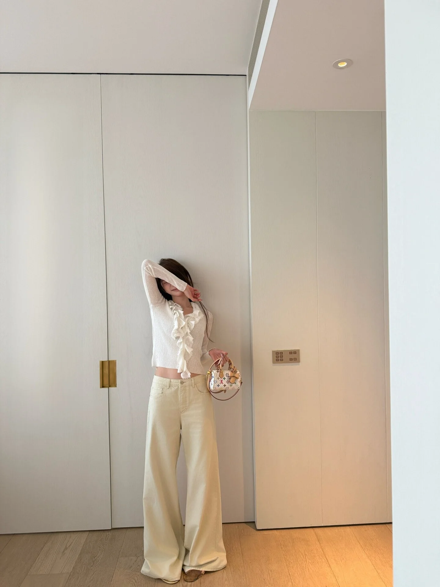 

Yangzifan Store's Bestselling Soft Cream Denim Wide Leg Pants High Waist Straight Cut Casual Style Spring Fashion Women's Set