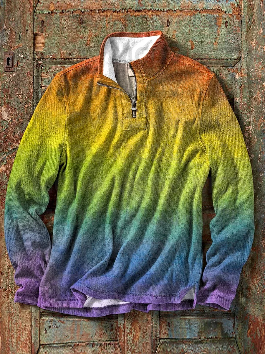 

Men's Rainbow Print Casual Zip Henry Shirt 3D Printed Casual Men's Polo Pullover Men Sweater