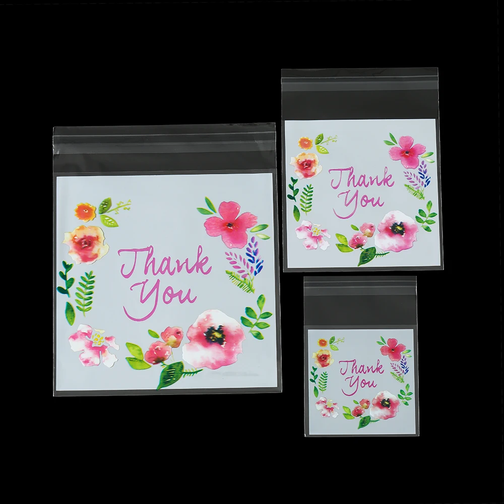 100pcs/lot Plastic Transparent Bag Thank You Flower Pattern Self-Adhesive Bags Jewelry Retail Food Storage DIY Packaging Pouches