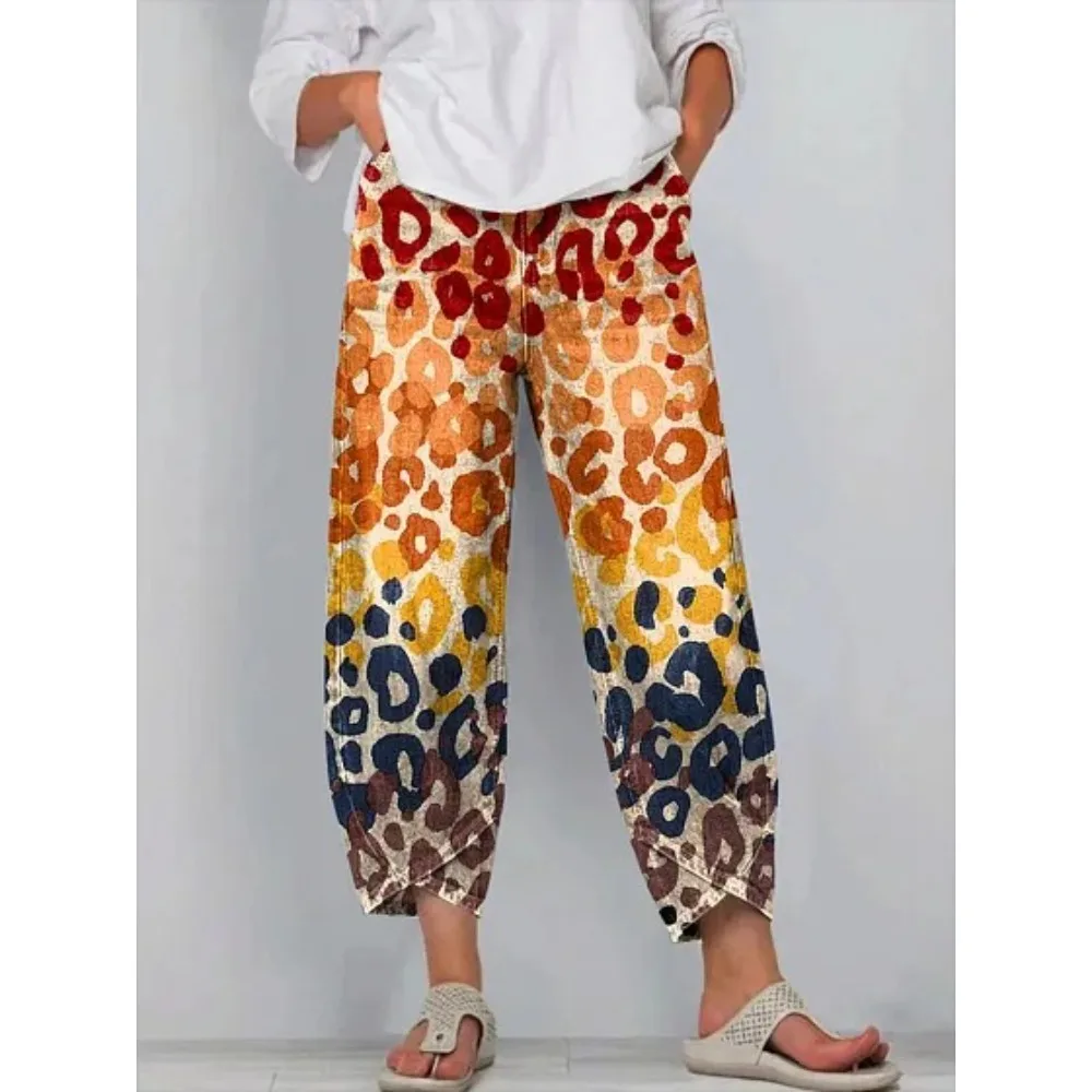 Damen Baumwoll-Caprihose, locker geschnitten, lässig, Boho-Stil, weites Bein, knöchellang, Vintage, elastischer Bund, Sommer, Strandurlaub, Alltagskleidung – Detail 8