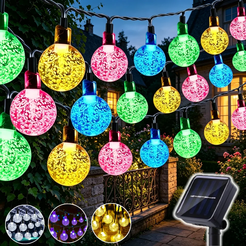 Solar Crystal Globe String Lights Outdoor Waterproof LED Fairy Garland Light Christmas Party Decoration for Garden Balcony Patio