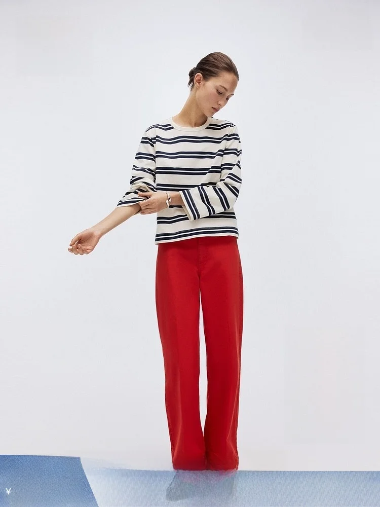 

Новые весенние женские брюки из канваса с высокой талией, прямые повседневные брюки из смесового хлопка и полиэстера, удобная посадка, H&M 39343