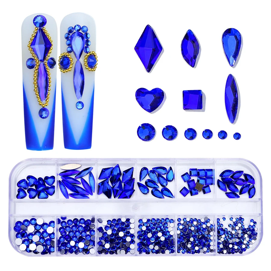 12-Fächer-Box mit mehrfarbigen Flachrücken-Strasssteinen, Kristall-Edelsteinen, 3D-Glitzer-Nagelkunst-Dekorationen, luxuriöse Nagelkunst-Zubehörteile – Detail 11