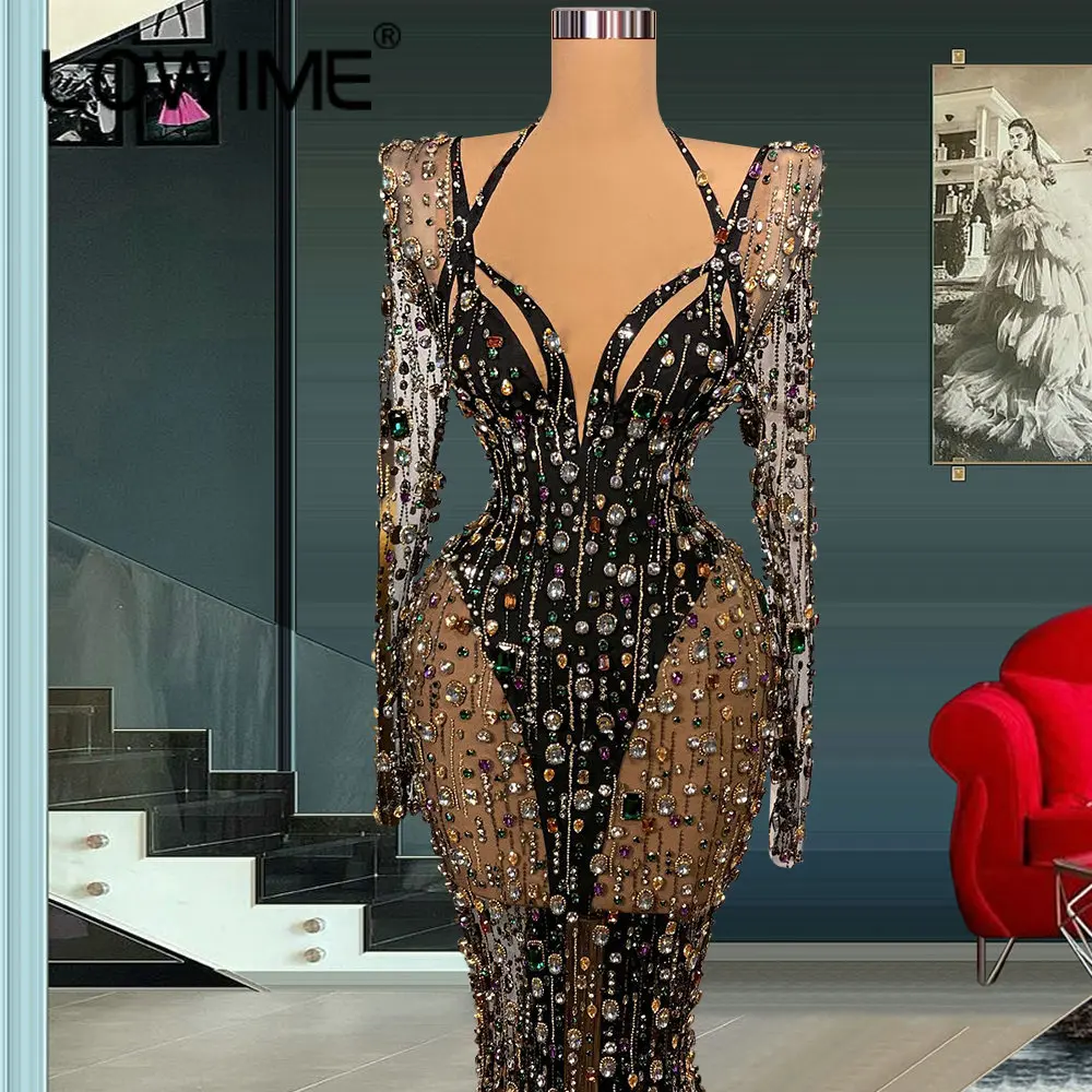 Black Dubai Luxury Crystals Mermaid Evening Dresses 2022 Sexy Illusion Middle East Long Sleeves Arabic Women Party Prom Gowns