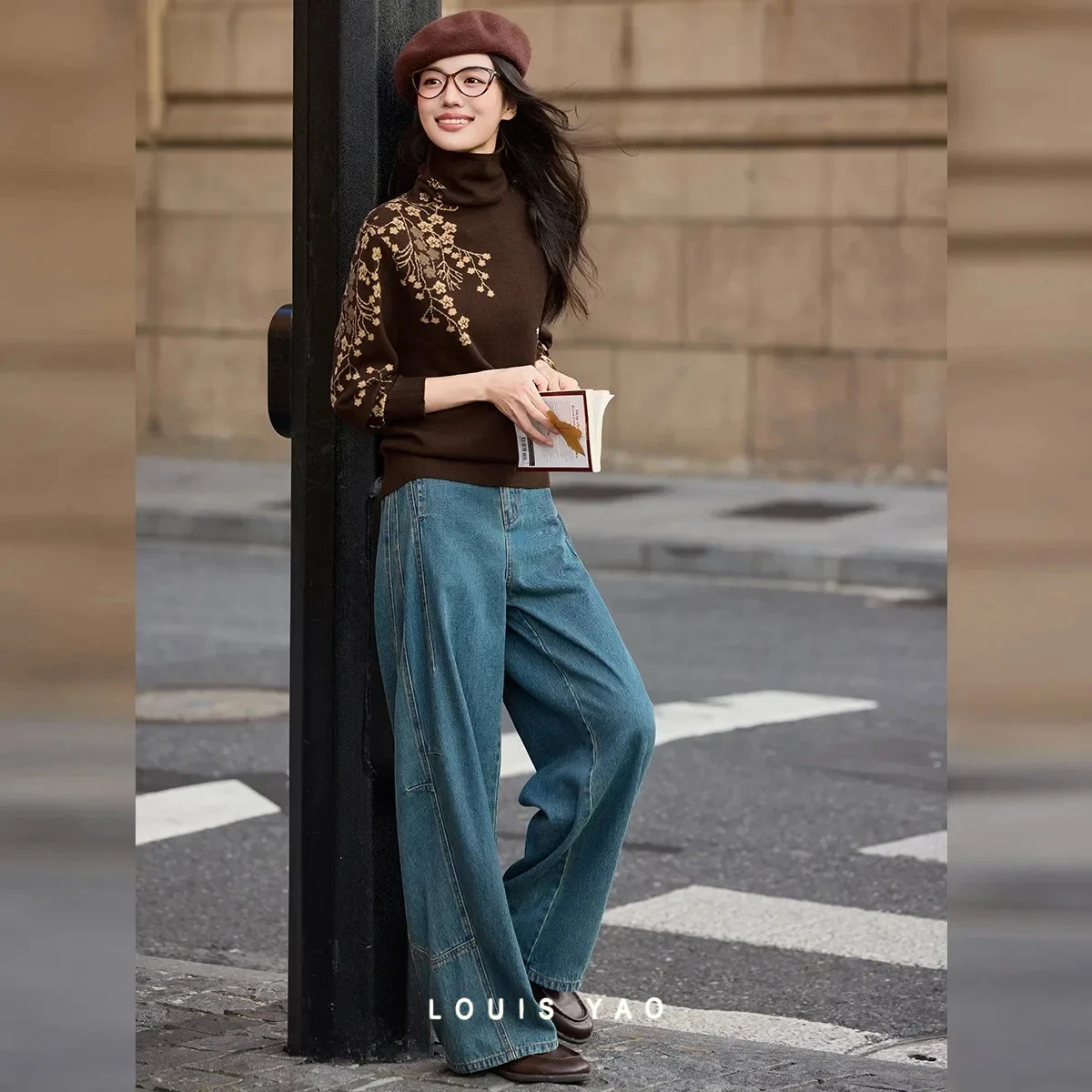 

LOUIS YAO New Chinese Style High-Neck Women's Knitwear 2025 Autumn/Winter Pullovers Vintage Jacquard Wool Knitted Sweater