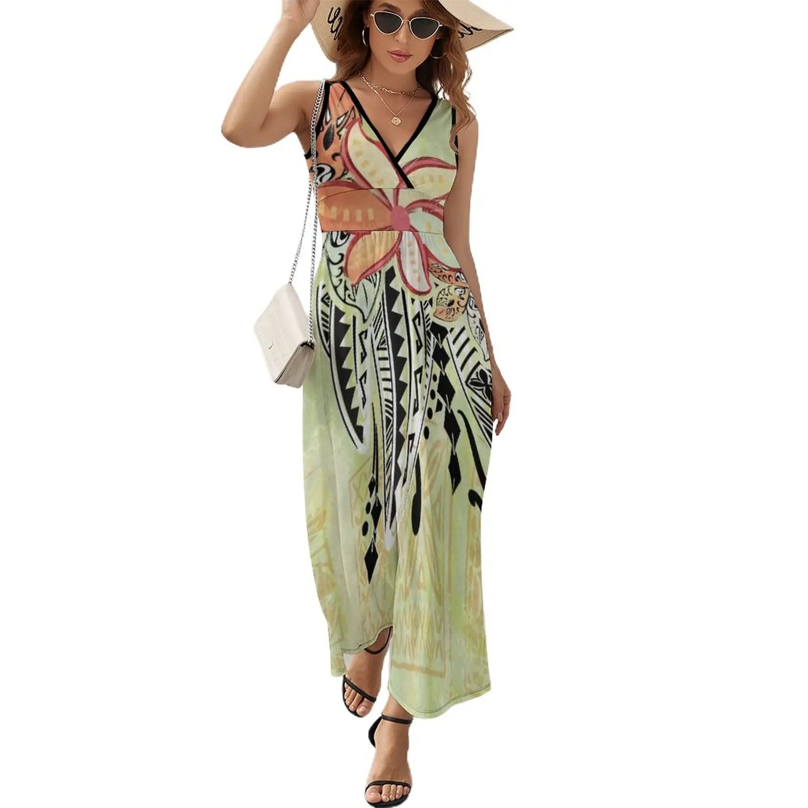 

Vintage Polynesian Green Tribal Tapa Sleeveless Dress evening dress woman Summer women's clothing Women dresses summer