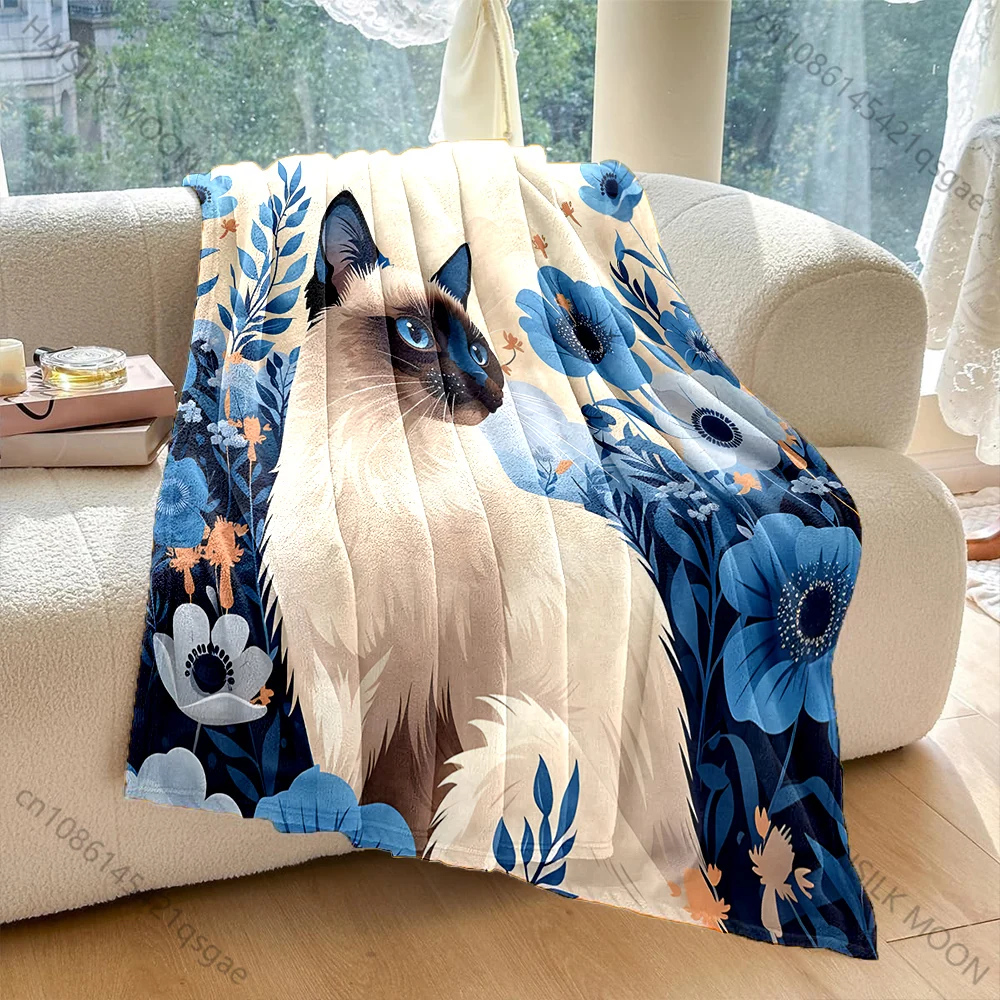1PC Siamese Cat and Flowers Print Blanket Warm Soft Luxury Gifts for Children Adults Suitable for Home Sofa Bed Travel RV - view 5