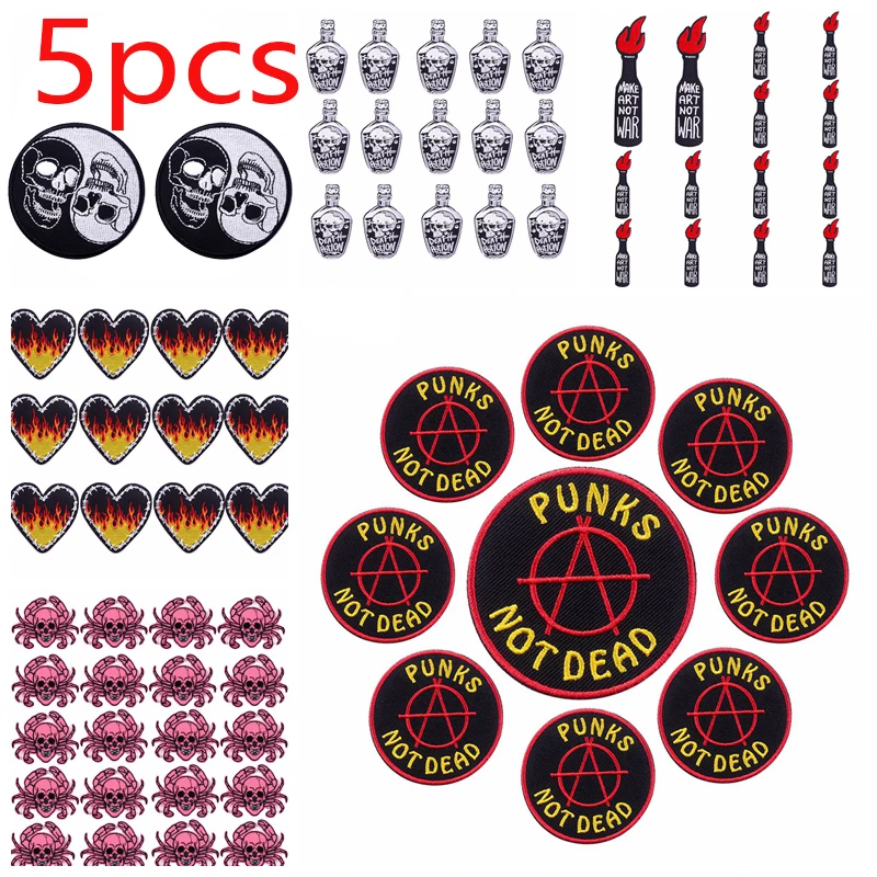 5 Teile/lose Punk Flamme Herz Eisen Auf Gestickte Patches DIY Horror Skeleton Patch Für Kleidung Thermoadhäsive Patches Auf Jacken