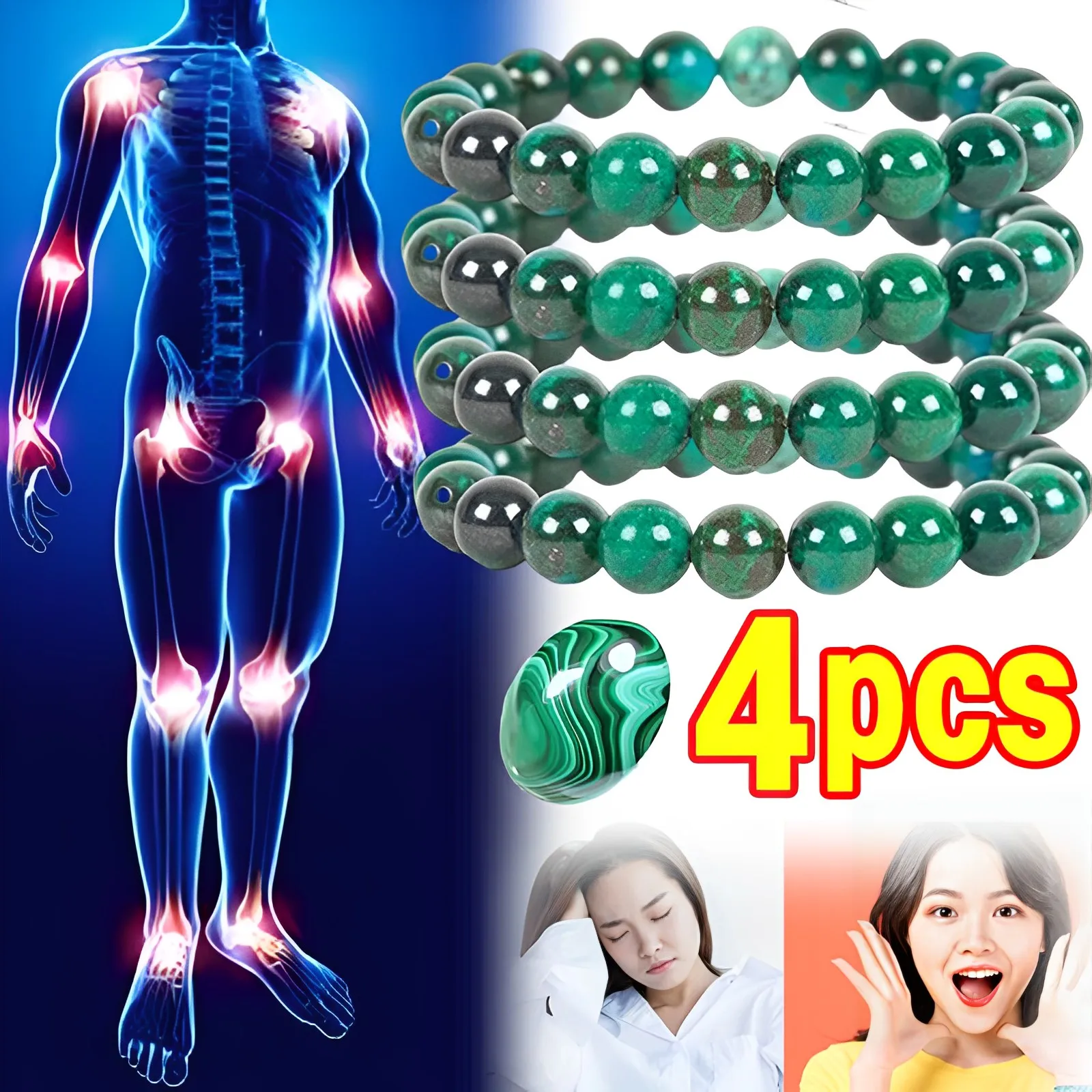 4PCS Chrysocolla Malachite Bracelets Women Men Natural Stone Beads Bracelet Round Diabetes Relief Bracelet Healing Jewelry Gift