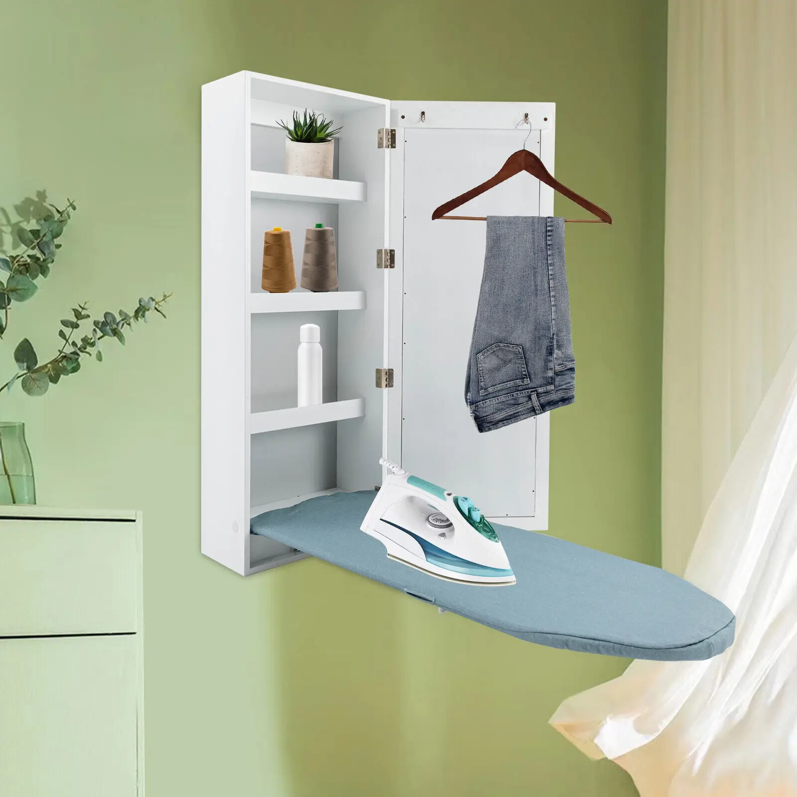 Household Hide Away Ironing Board Cabinet With 3 Tier Shelf & Mirror Wall Mount