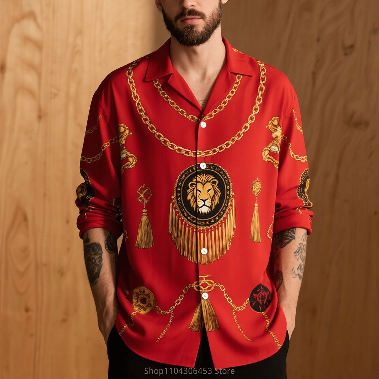 الرجال نمط جديد الأسد الرجعية سلسلة تكبل 3D قميص مطبوع بأكمام طويلة ساحة طوق لينة ومريحة النسيج الأعمال عارضة