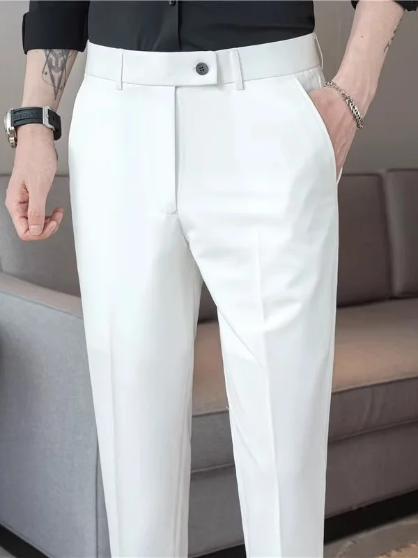 

Summer Thin Men's White Casual Khakis 2025 New Nine-Piece Busin Side Buttoned Trousers Trendy Straight Leg Pants for Young...